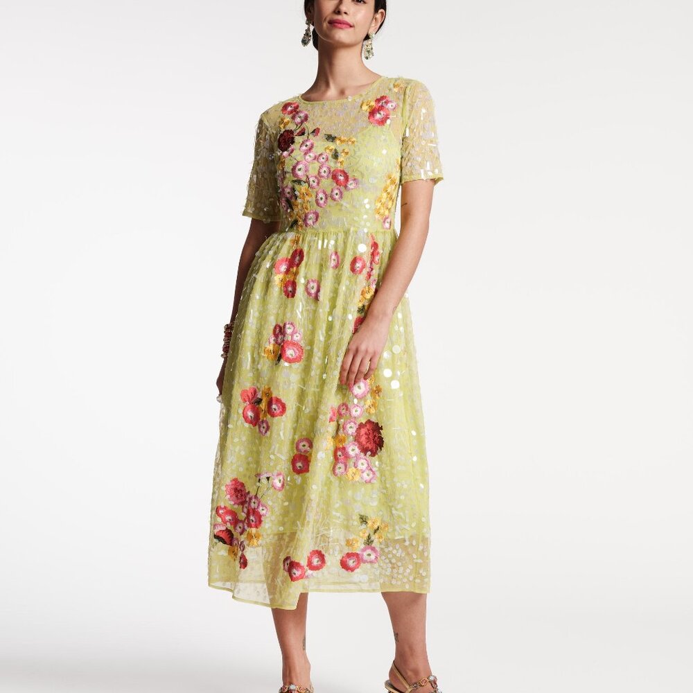 Frances Valentine Faith Embroidered Dress Chamomile Cluster Green